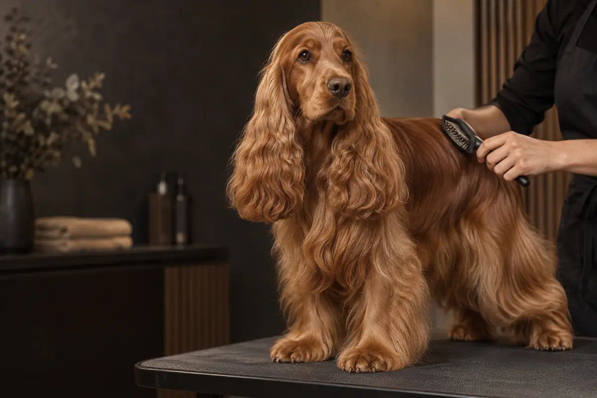 Profesjonelt pelsstell av engelsk cocker spaniel med blank og velstelt pels