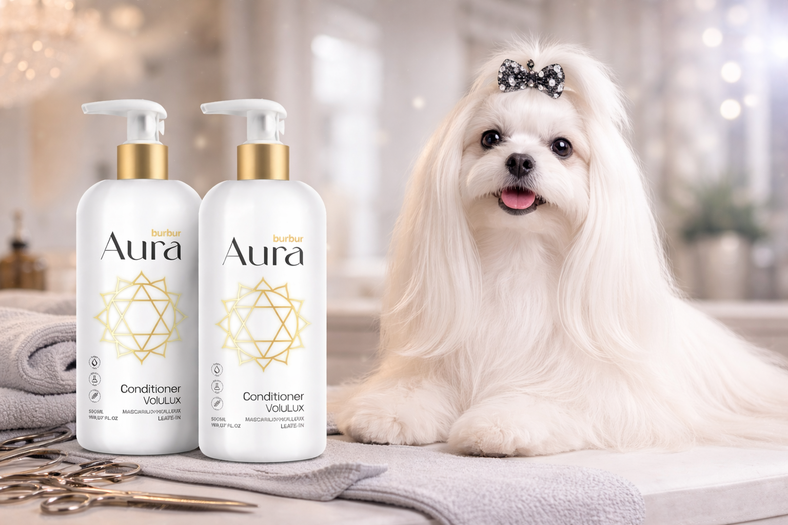 Burbur Aura VoluLux pelspleieprodukter brukt på langhåret hund med strukturert og kontrollert pels, utviklet for profesjonell grooming og utstilling