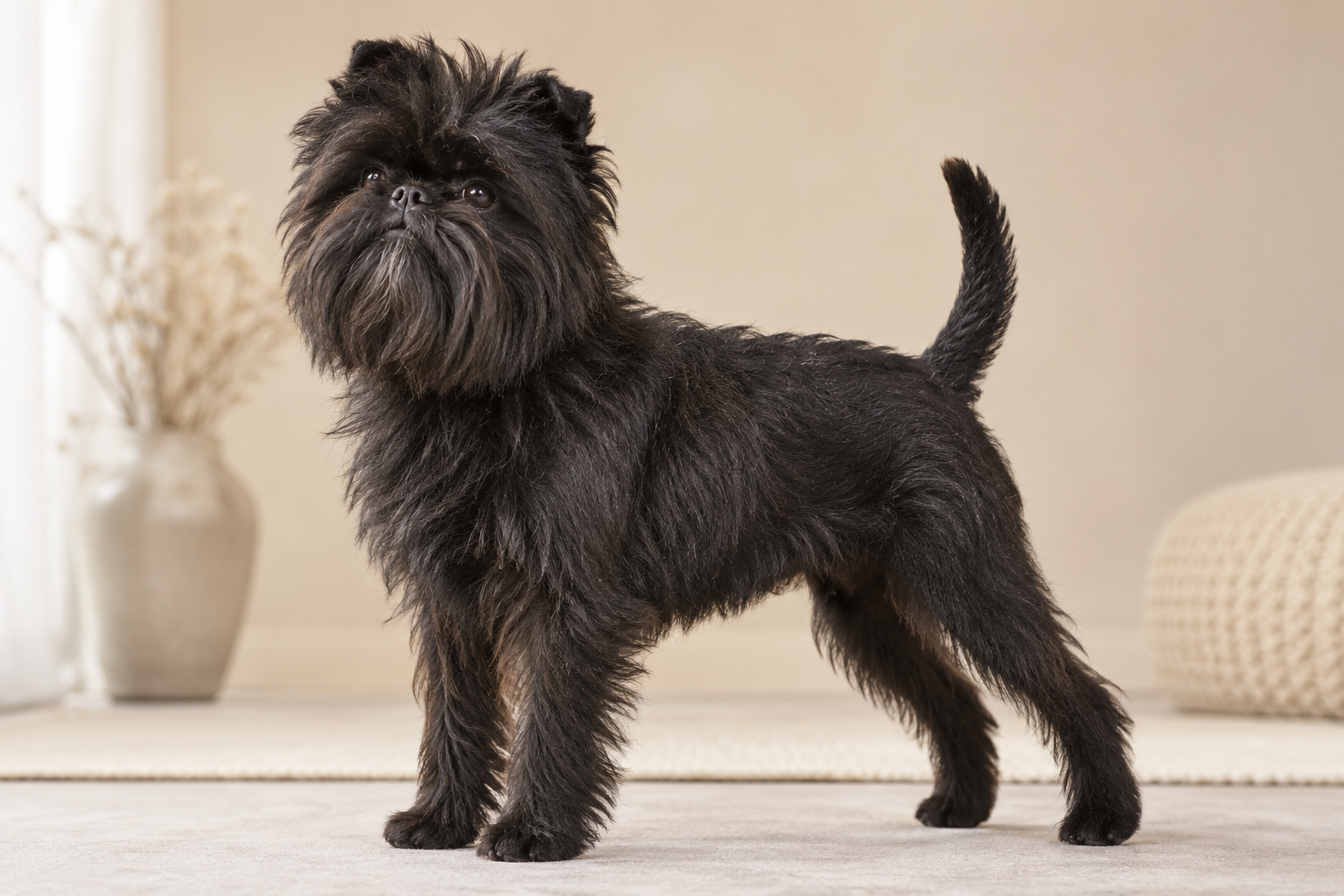 Svart affenpinscher med stri, tett pels, naturlig stylet for utstilling.