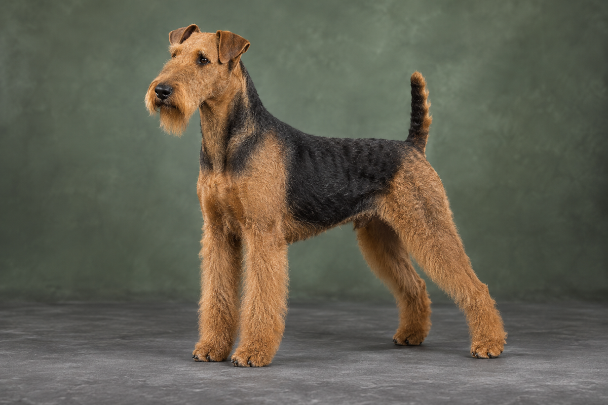 Airedale terrier med stri sort og tan pels, naturlig klargjort for utstilling.