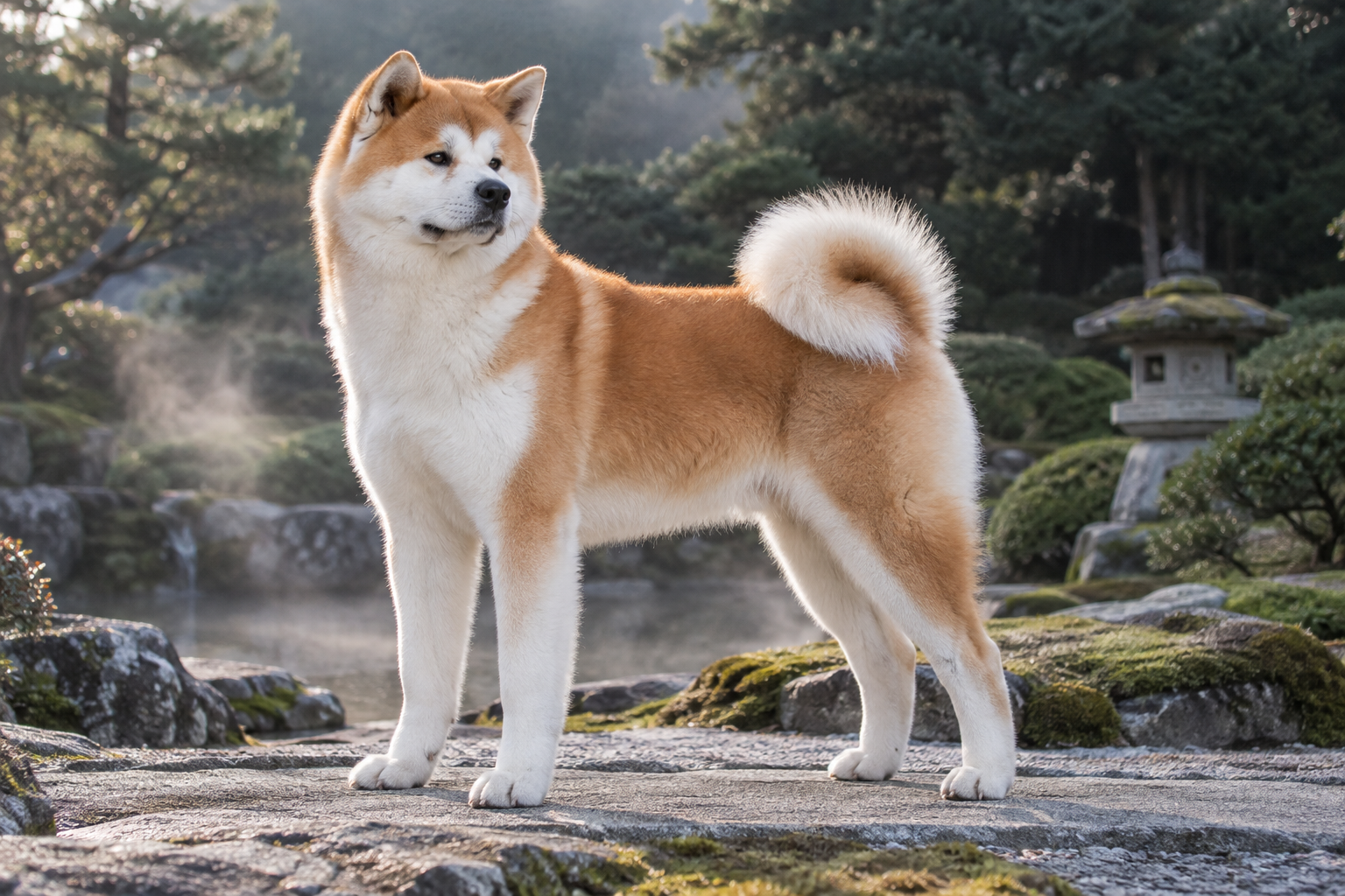 Japansk akita med tett rødgul og hvit dobbeltpels, oppstilt i en japanskinspirert hage.