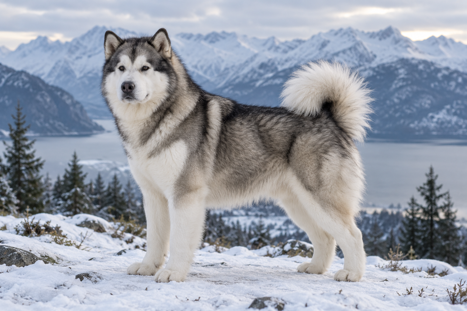 Alaskan malamute med tett grå og hvit dobbeltpels, oppstilt i et snødekt nordisk fjellandskap.