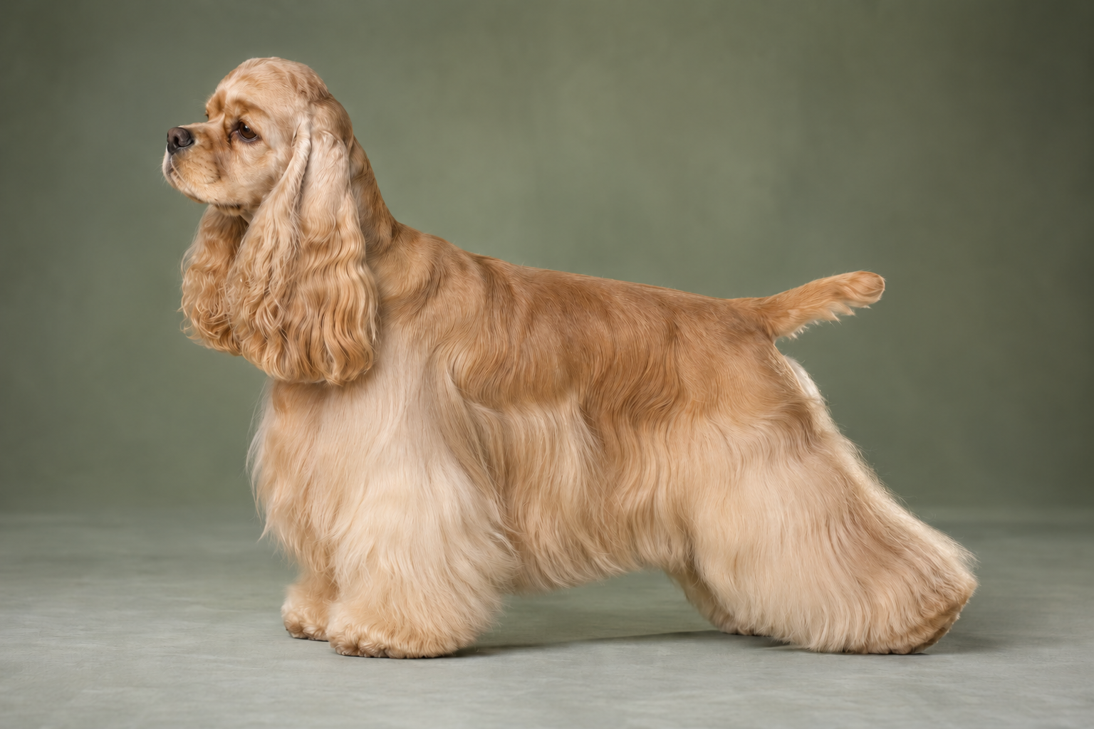 Utstillingsklar amerikansk cocker spaniel med gyllen pels stående i profil.