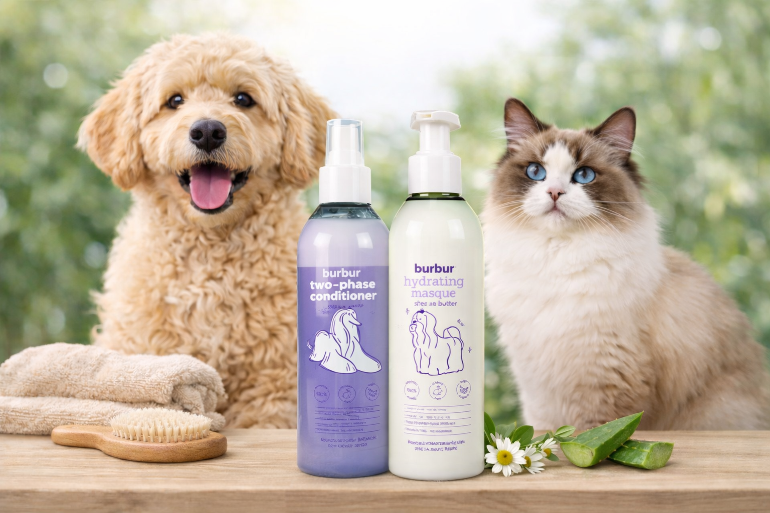 Burbur Friend Two-Phase Conditioner og Burbur Friend Hydrating Mask plassert side om side på nøytral bakgrunn.