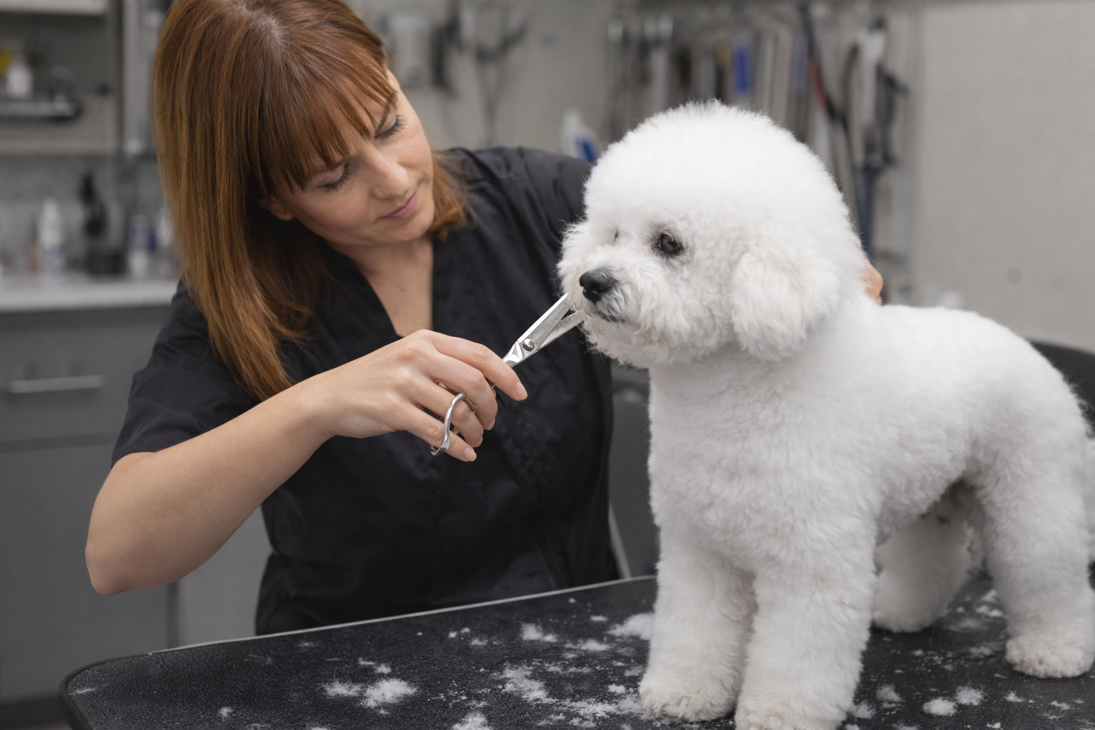 Profesjonell hundefrisør som klipper hund med saks i grooming-salong – presis pelsklipp med profesjonelt verktøy