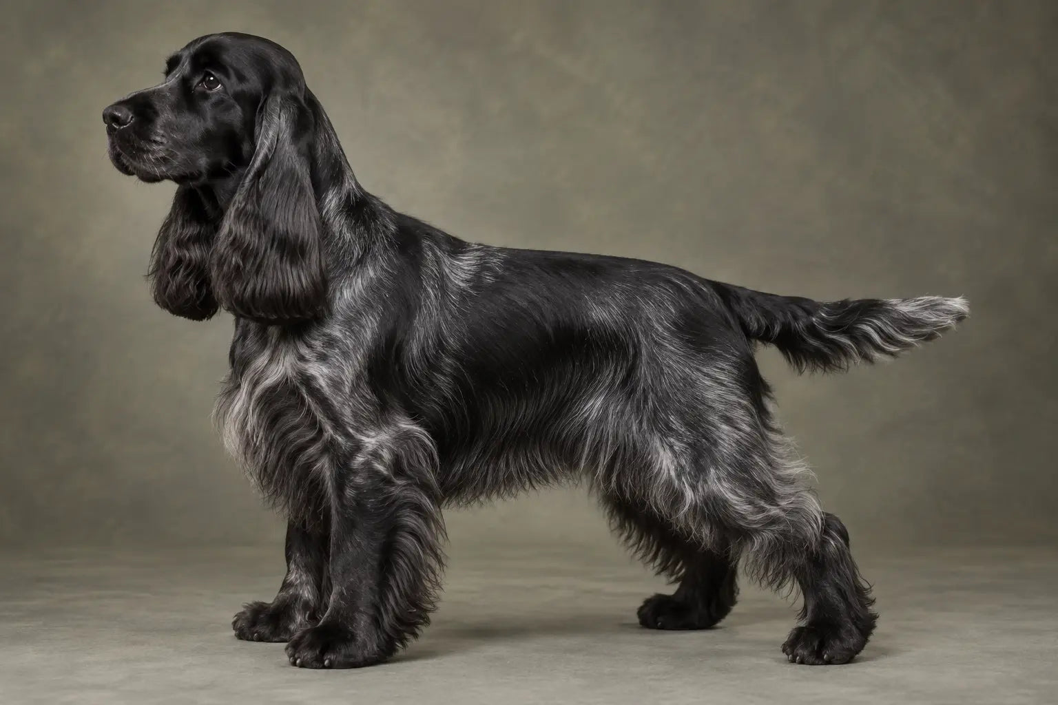 Utstillingsklar sort engelsk cocker spaniel med blank pels og velstelte beheng.