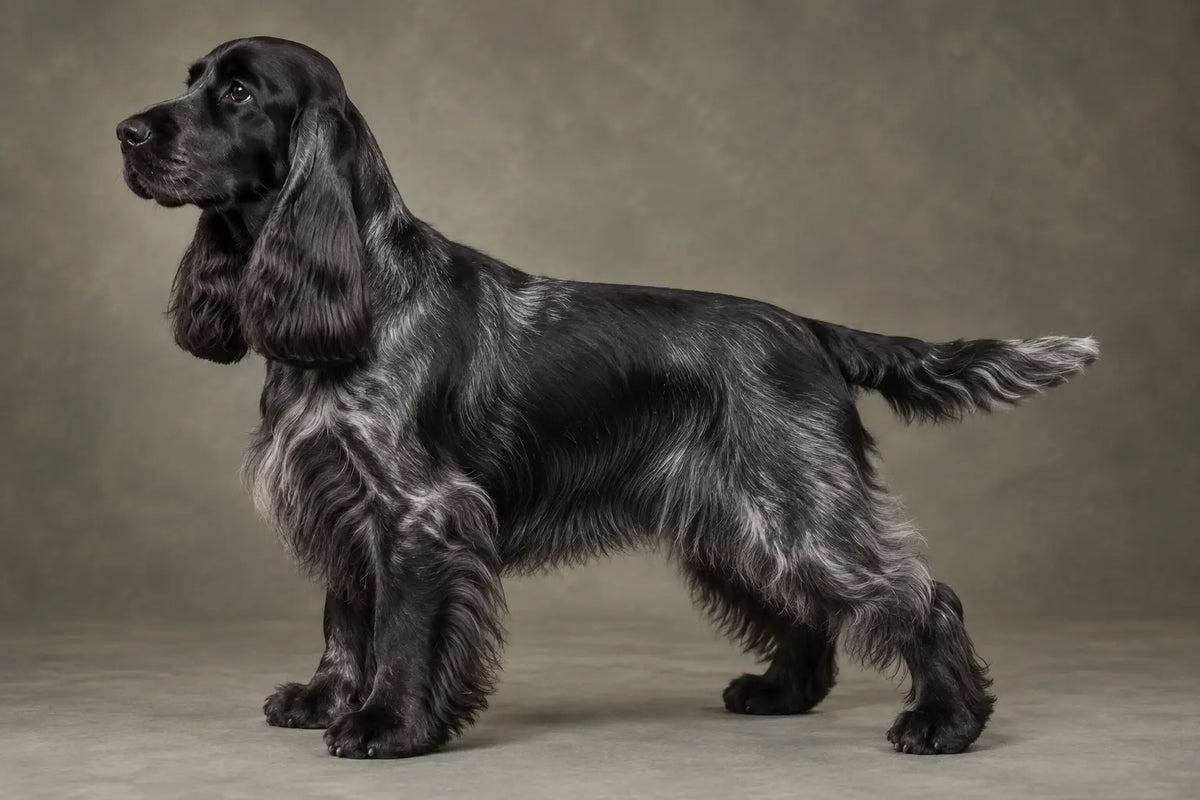 Utstillingsklar sort engelsk cocker spaniel med blank pels og velstelte beheng.