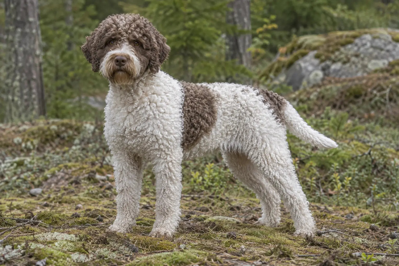 Lagotto romagnolo med tett, krøllete hvit og brun pels stående i skogsterreng.