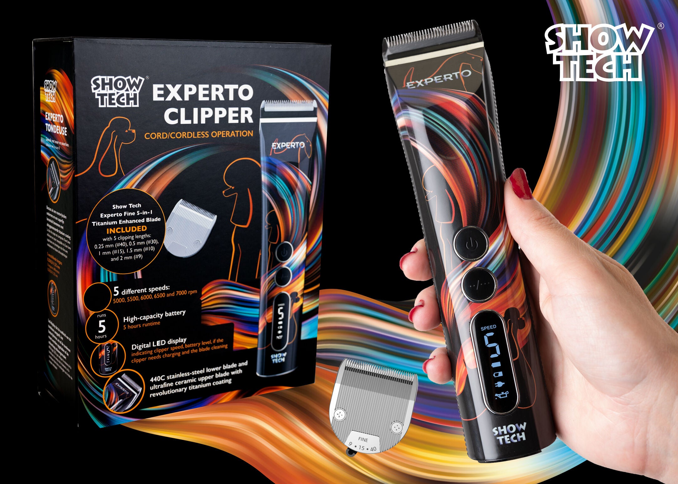 Show Tech Experto profesjonell klippemaskin med LCD-display, emballasje og utskiftbart skjær