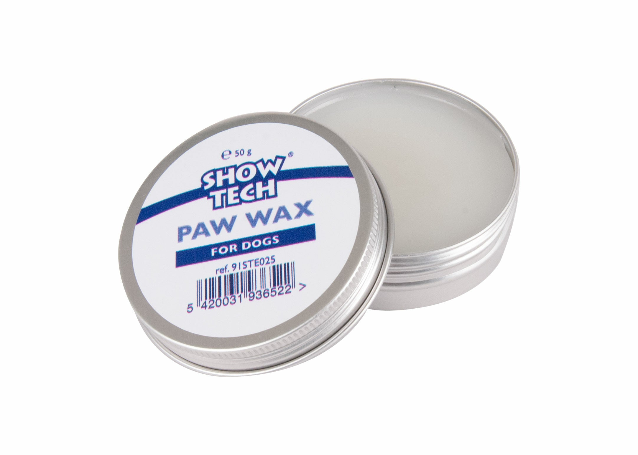 Åpen metallboks med Show Tech Paw Wax 50 g potevoks for hund