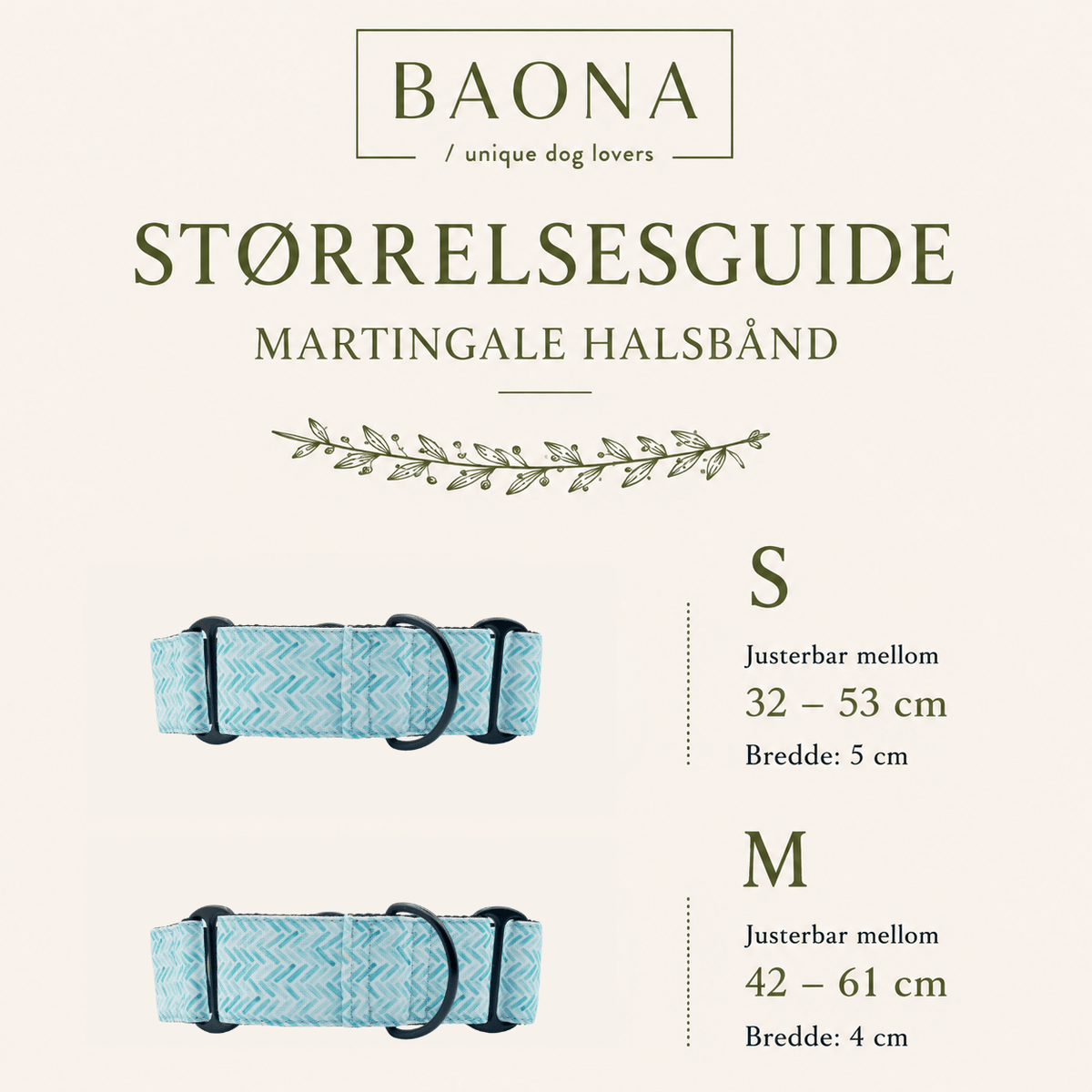 Størrelsesguide for Baona Dogs Amur Martingale hundehalsbånd i størrelse S og M