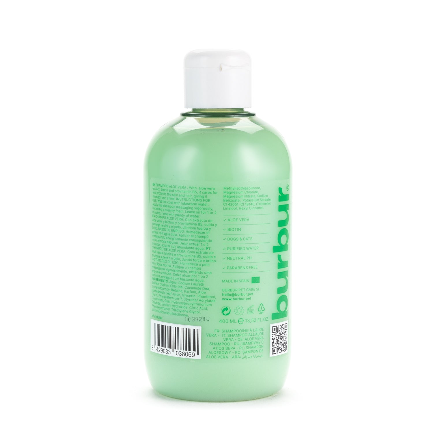 Burbur Friend Aloe Vera Shampoo 400 ml_Baksiden av flasken_Mild og fuktighetsgivende sjampo med økologisk aloe vera_WePet.no