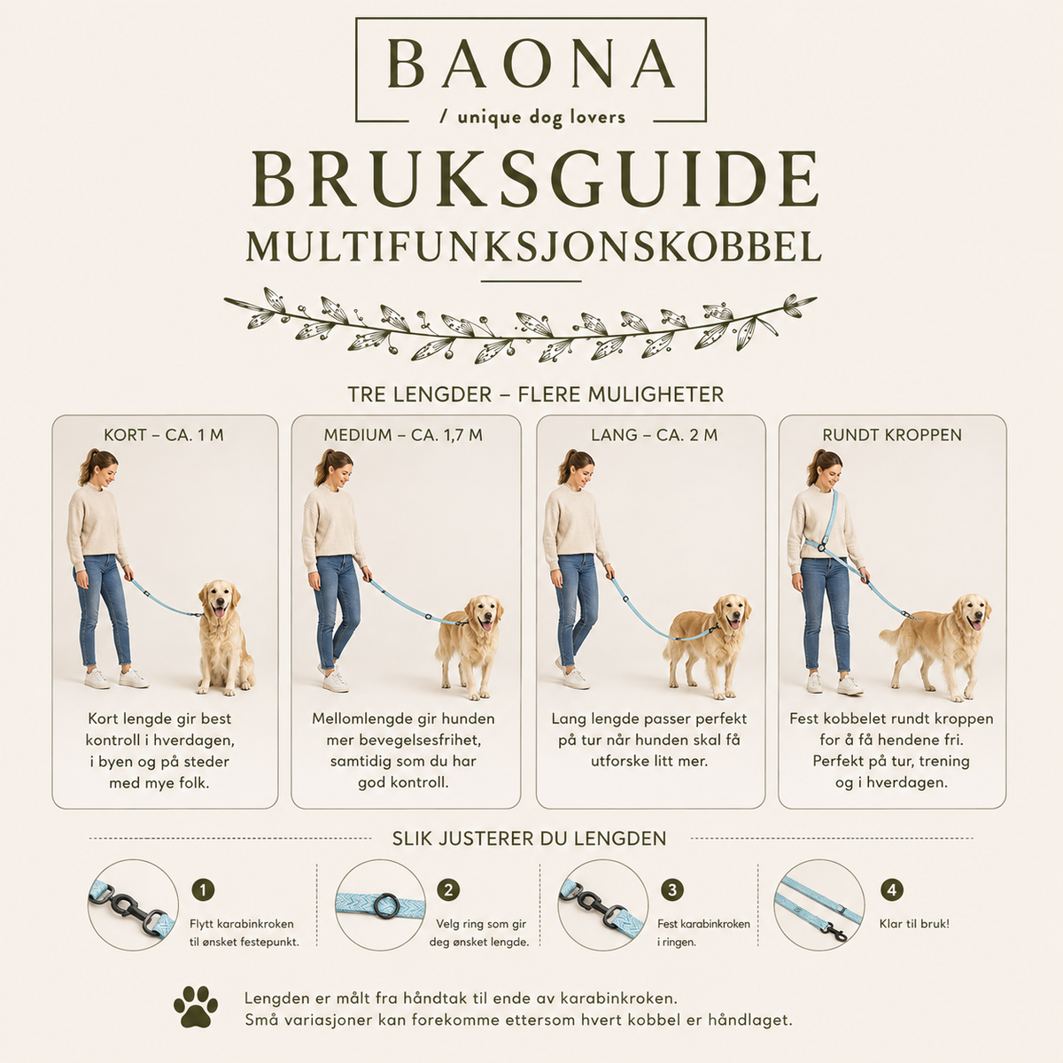 Bruksguide for Baona Dogs multifunksjonskobbel som viser kort, medium og lang lengde samt bruk rundt kroppen for håndfri tur.
