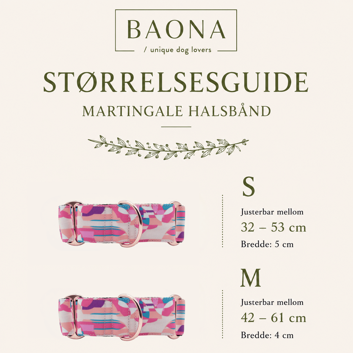 Størrelsesguide for Baona Dogs Qawra Martingale hundehalsbånd i størrelse S og M