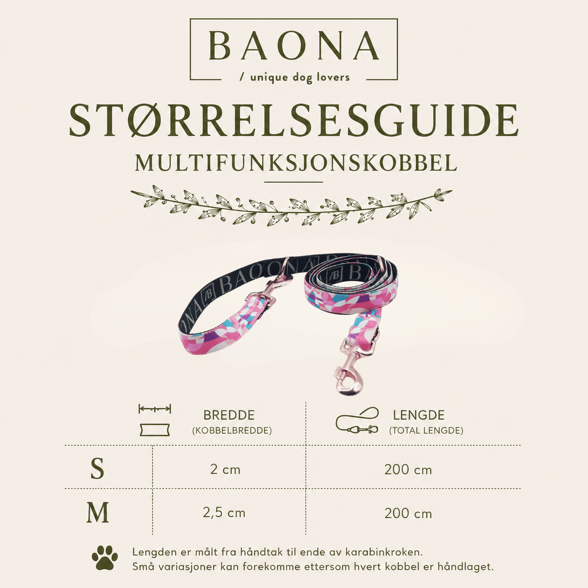 Størrelsesguide for Baona Dogs Qawra multifunksjonskobbel med størrelsene S og M, kobbelbredde og total lengde på 200 cm.