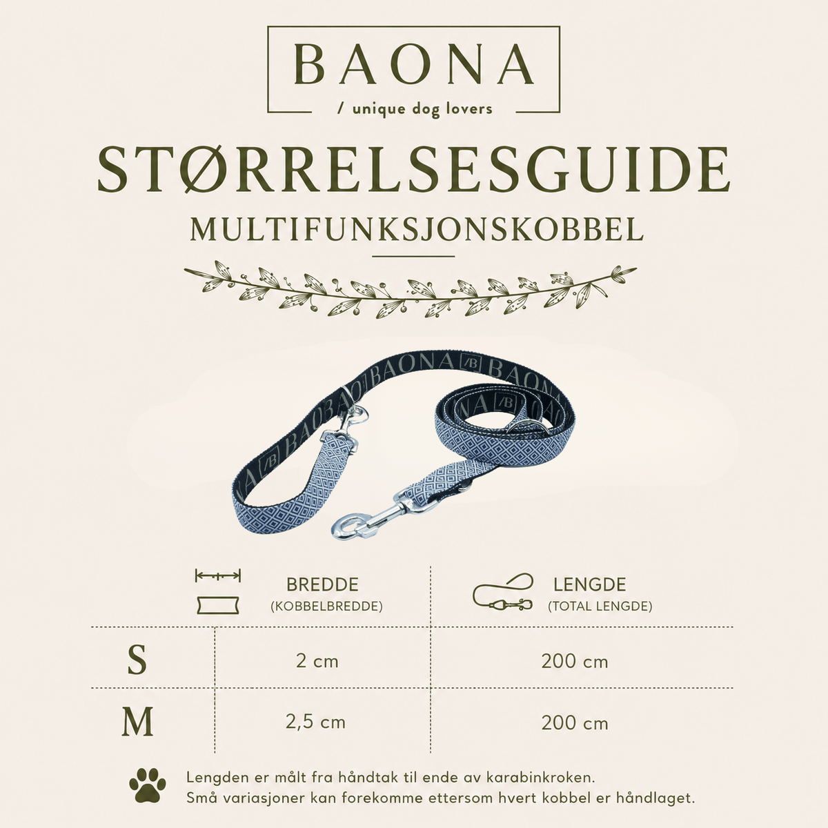 Størrelsesguide for Baona Dogs multifunksjonskobbel med bredde og lengde i størrelse S og M