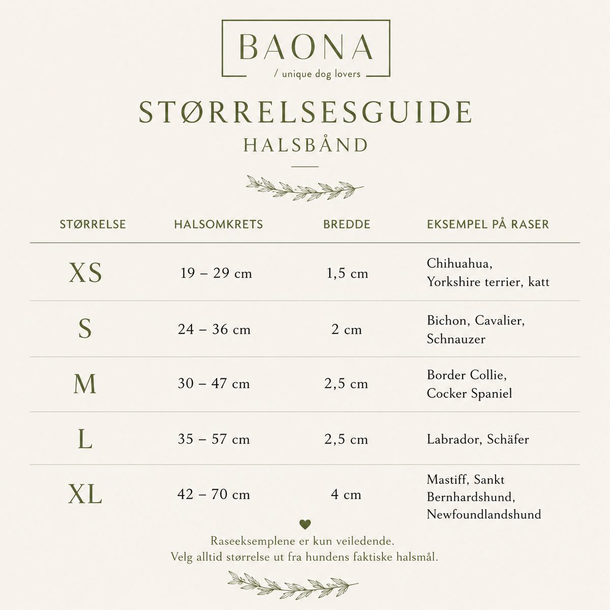 Størrelsesguide for Baona hundehalsbånd med halsmål og bredde i størrelse XS–XL