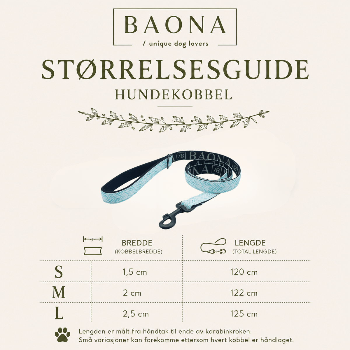 Størrelsesguide for Baona Dogs hundekobbel med bredde og lengde i størrelse S, M og L