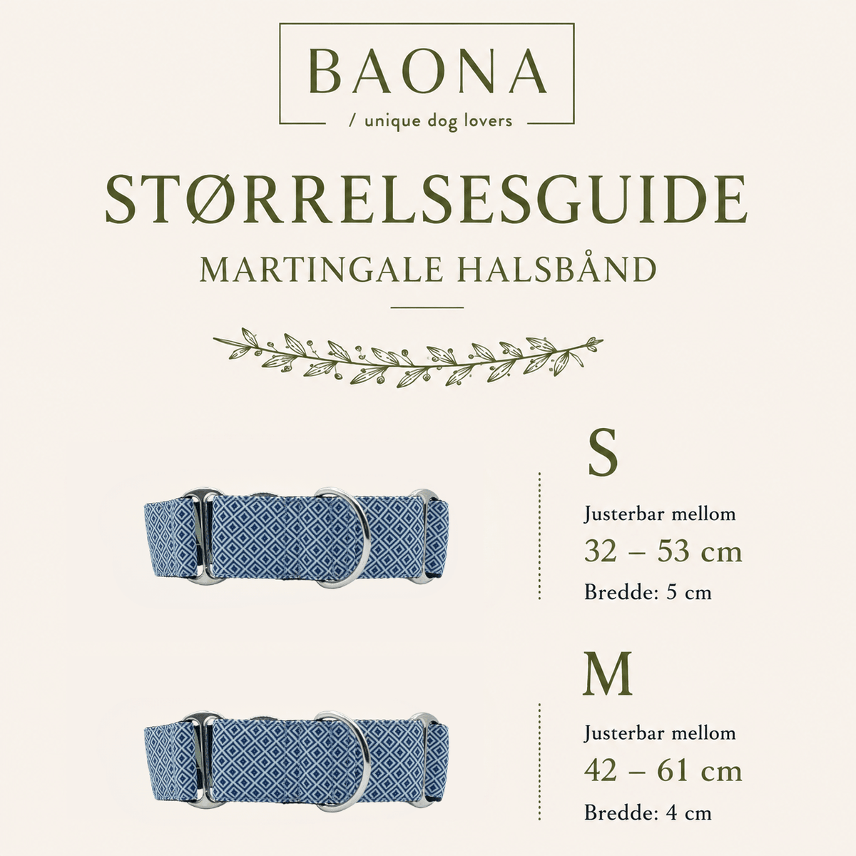 Størrelsesguide for Baona Dogs Zanzibar Martingale hundehalsbånd i størrelse S og M