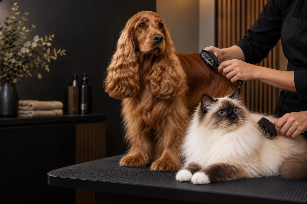 Cocker spaniel og langhåret katt under pelsstell