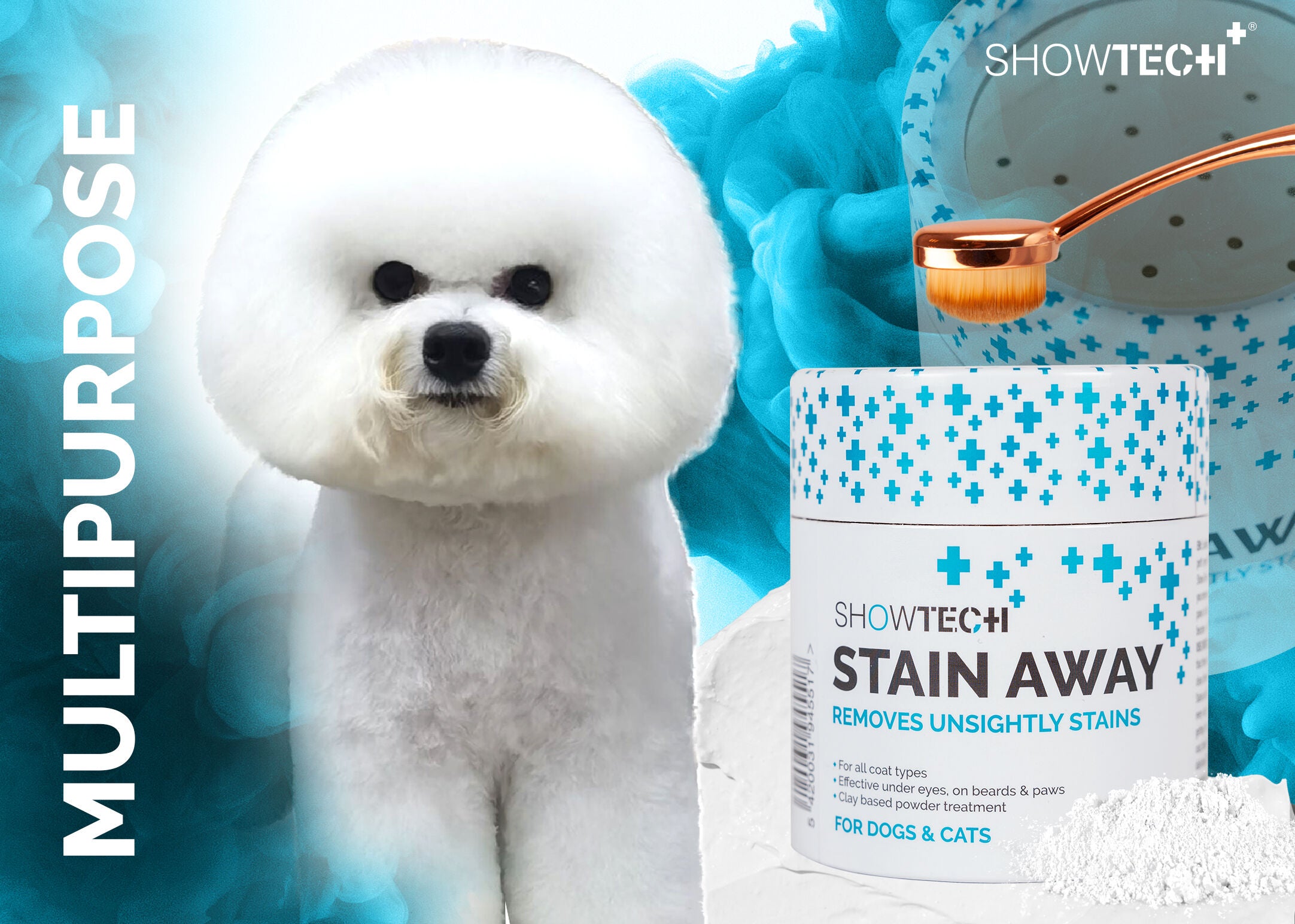 Show Tech+ Stain Away 60 g mot tåreflekker og misfarging hos hund – vist med hvit bichon/puddeltype